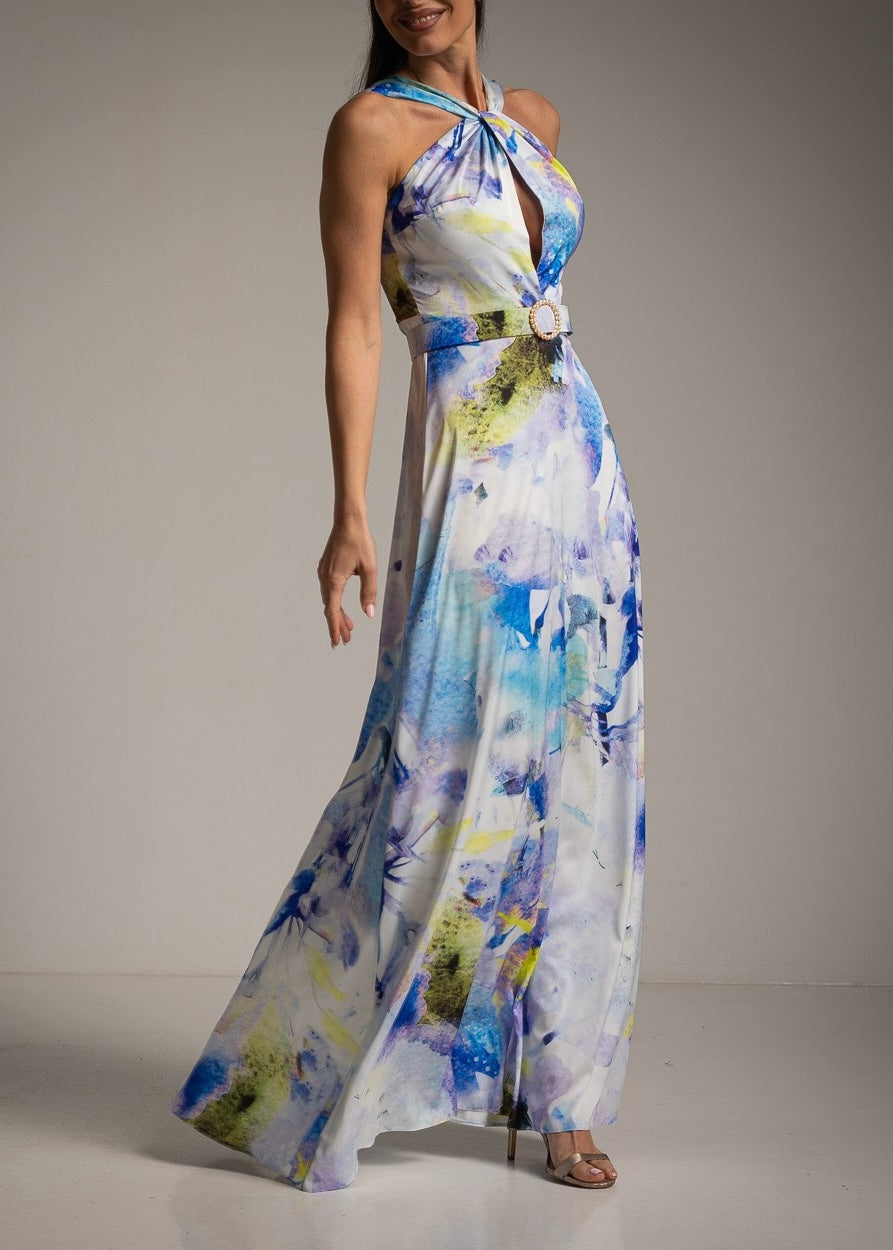 Long dress with neckline and belt with pearl detail