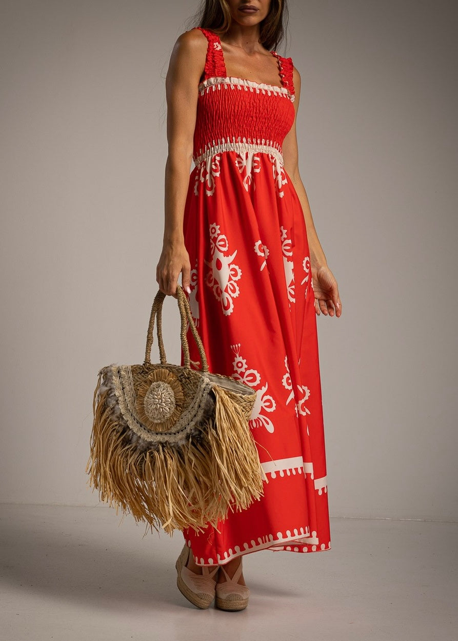 Long red dress with white prints