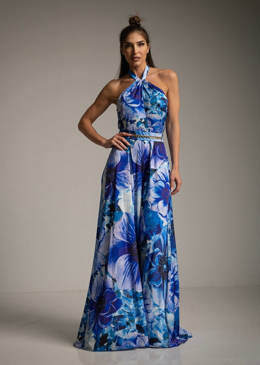 Long floral pattern dress with shades of blue