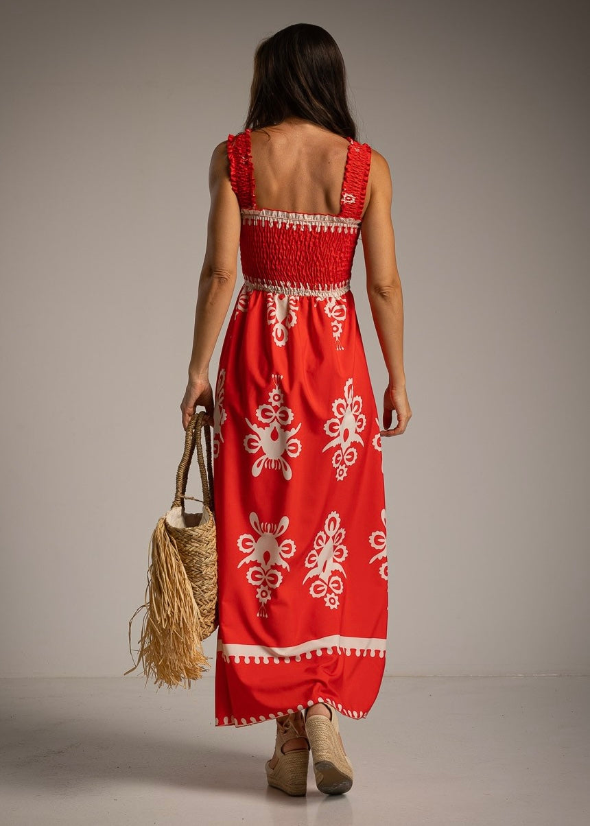 Long red dress with white prints