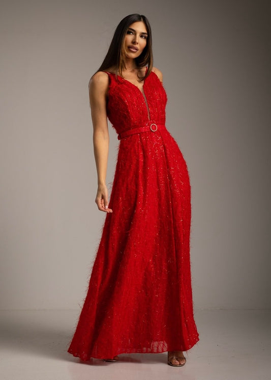 Long red dress with sparkle and belt