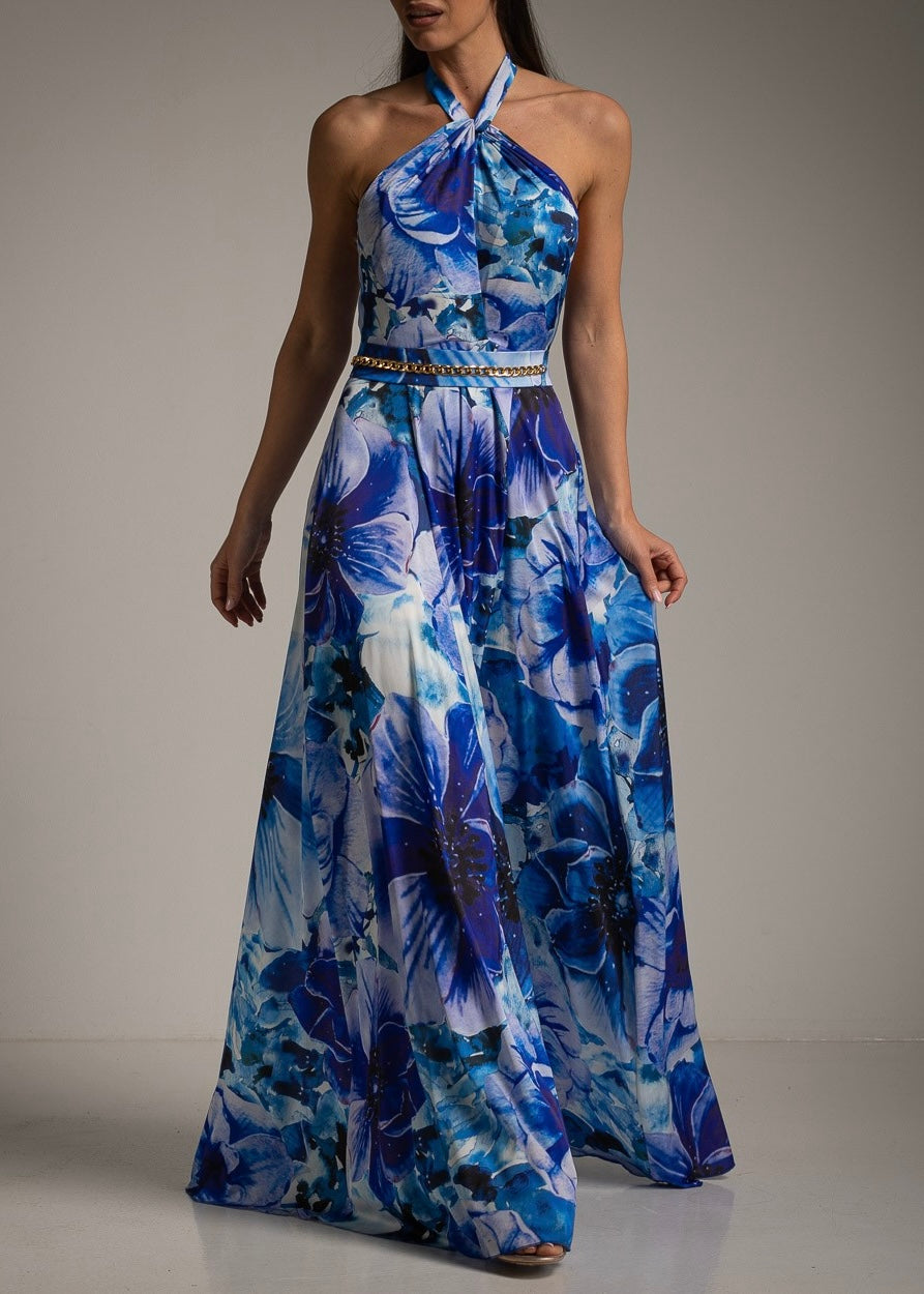 Vestido longo padrão floral com tons de azul