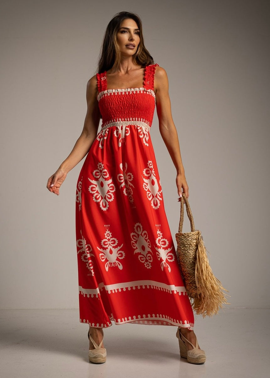 Long red dress with white prints